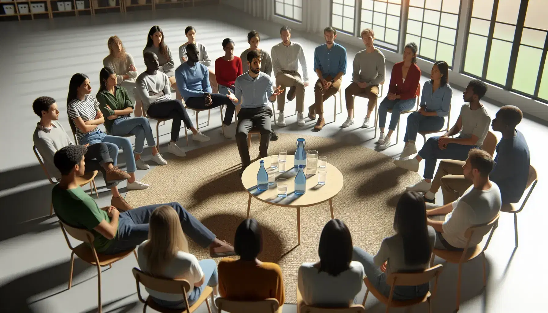 Grupo diverso participando en taller interactivo con orador en pie, en sala iluminada naturalmente con mesa de agua y planta decorativa.