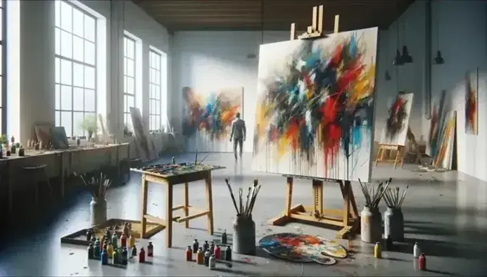 Bright art studio with large windows, an easel holding a colorful abstract painting, a table with paint supplies, and an artist in a smock.