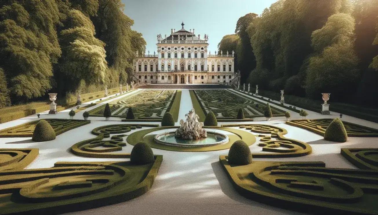 Palacio barroco con cúpula central y estatuas en la azotea, rodeado de jardines simétricos con senderos de grava, setos recortados y una fuente de león.