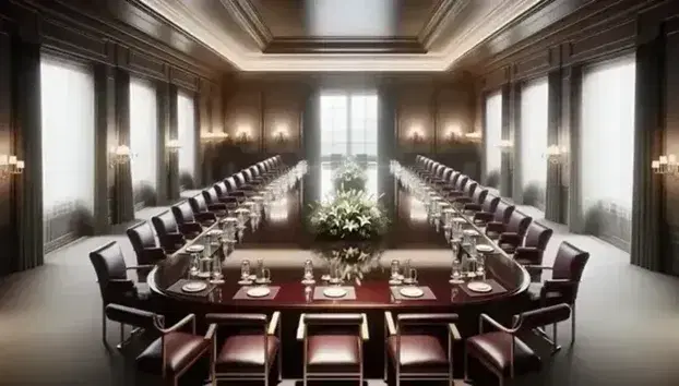 Elegant boardroom with a polished oval wooden table, burgundy leather chairs, water glasses on coasters, and a central floral arrangement of white lilies.