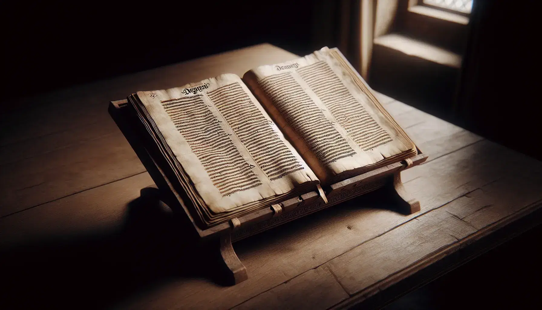 Manoscritto antico aperto su leggio in legno scuro, pagine avorio con calligrafia medievale, atmosfera intima e dettagli storici.