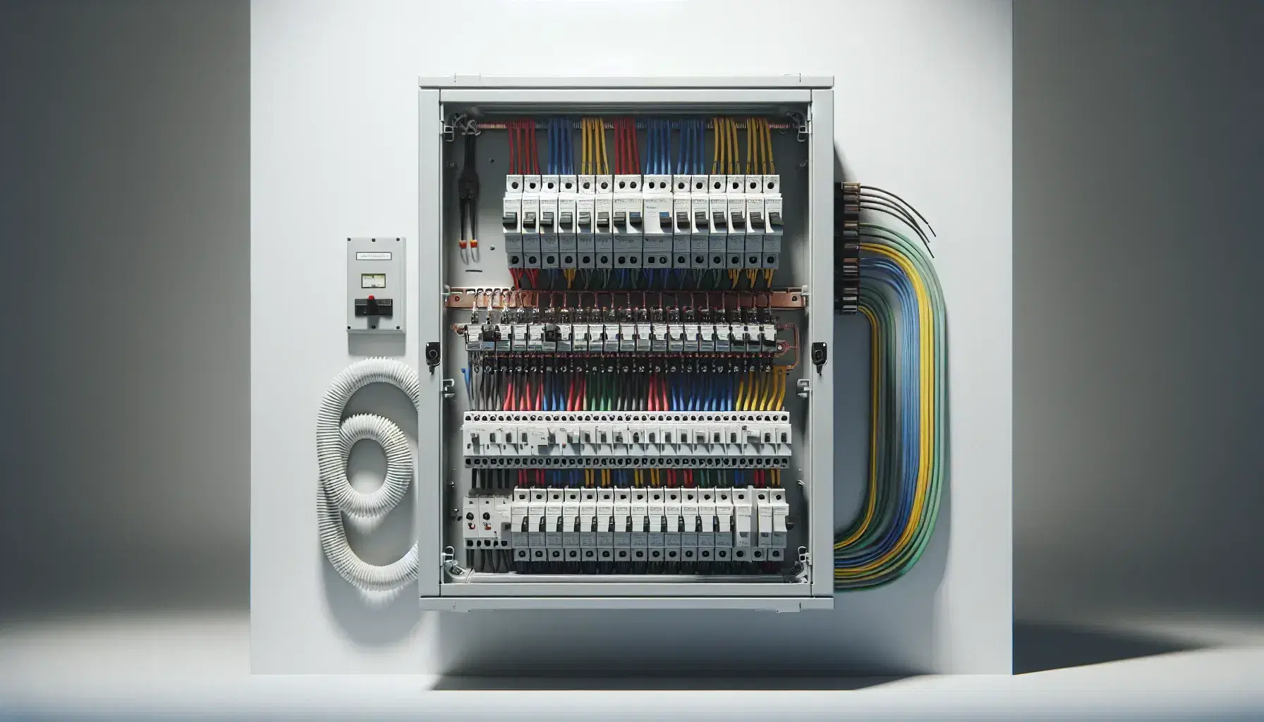 Tablero de Control General y Protección abierto en pared blanca con interruptores automáticos y diferenciales alineados, cables de colores organizados y barra de tierra de cobre.