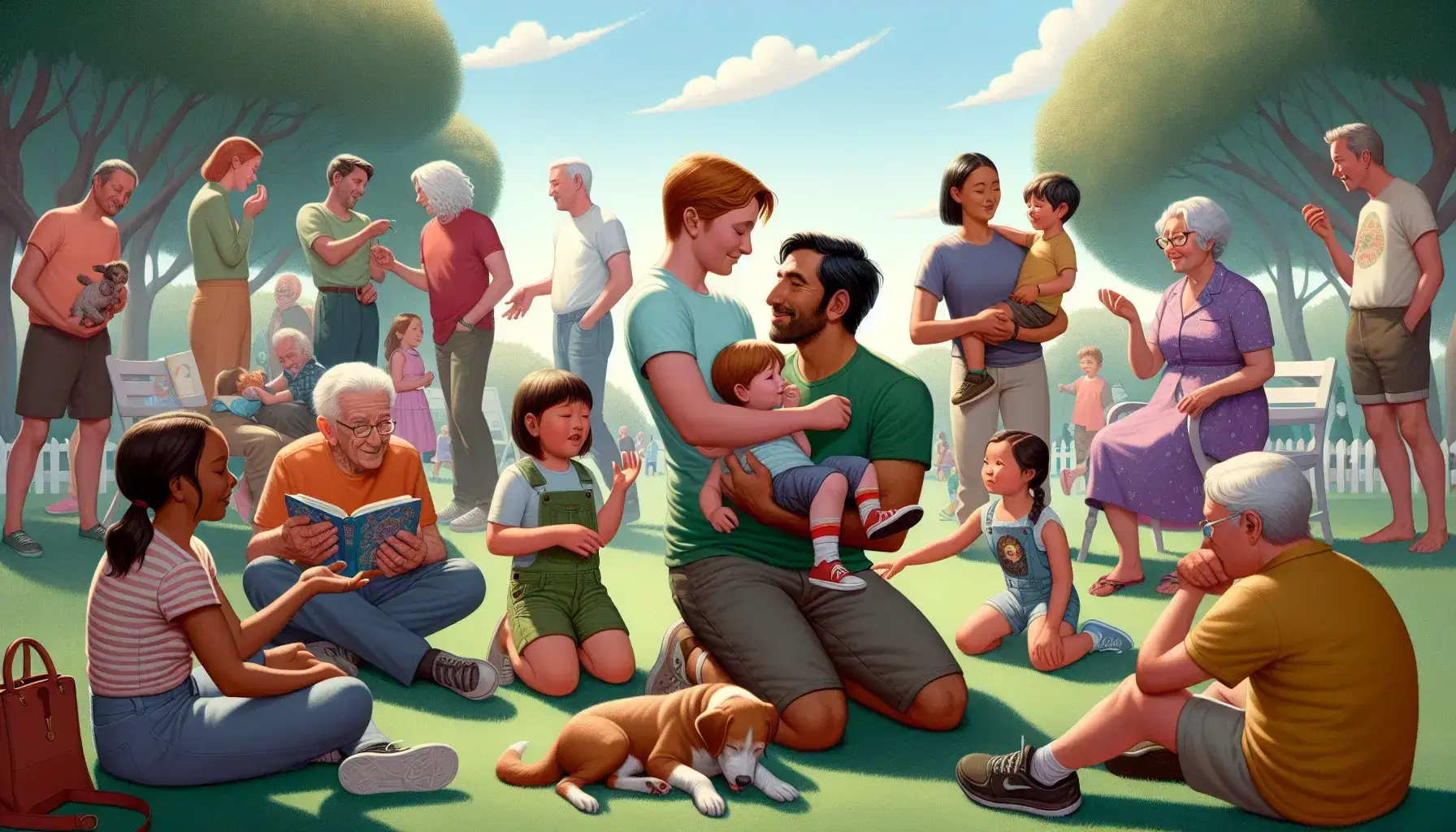 Grupo diverso disfrutando de un día soleado en el parque, con un niño alzado en el aire, adolescentes leyendo y una abuela enseñando algo a una niña.