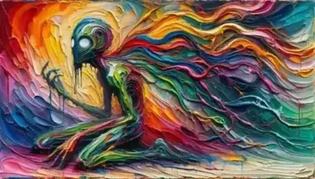 Vibrant oil painting with swirling crimson, blue, and yellow brushstrokes, a twisted green figure with stark white eyes, on a canvas framed in dark wood.