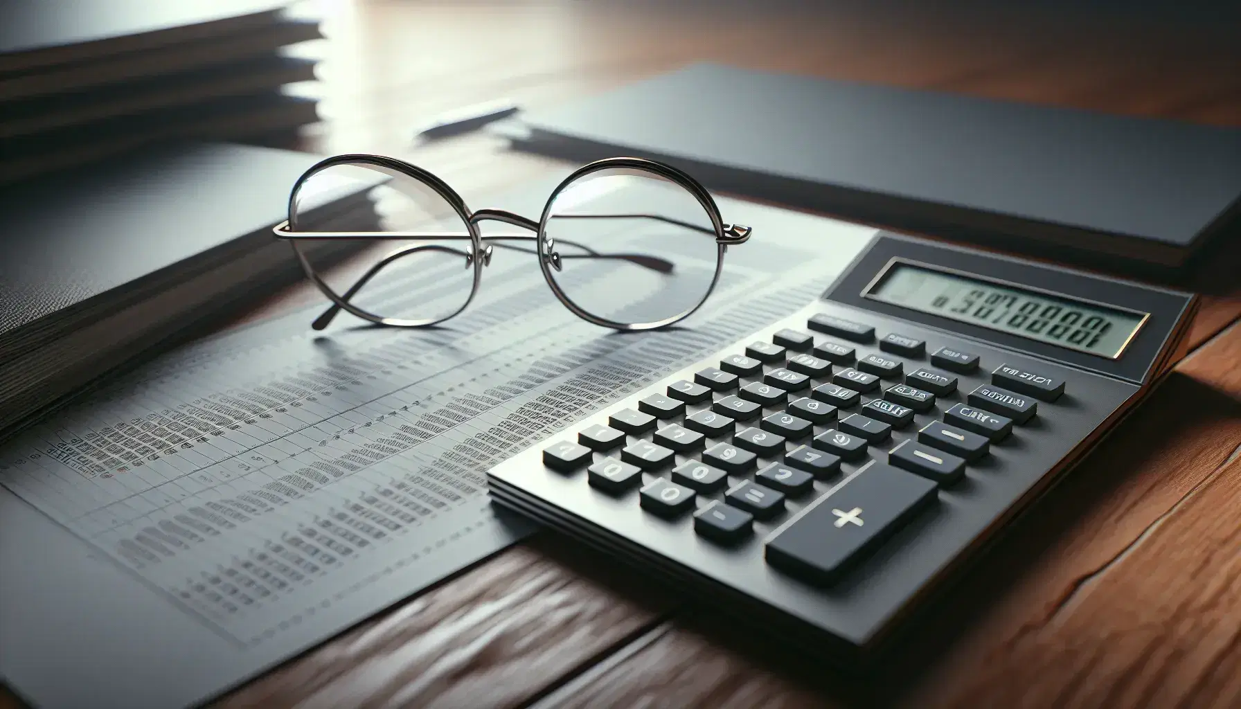 Close-up view of a dark grey calculator with blank display and light grey buttons on a wooden desk, beside round-rimmed eyeglasses and blurred financial chart.