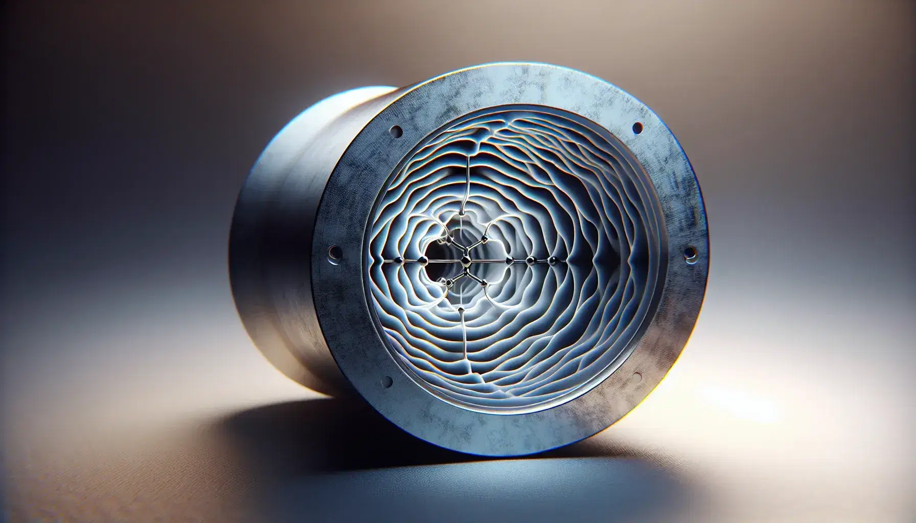 Microwave cavity resonator with visible standing wave pattern, nodes and antinodes inside a polished cylindrical metallic structure.