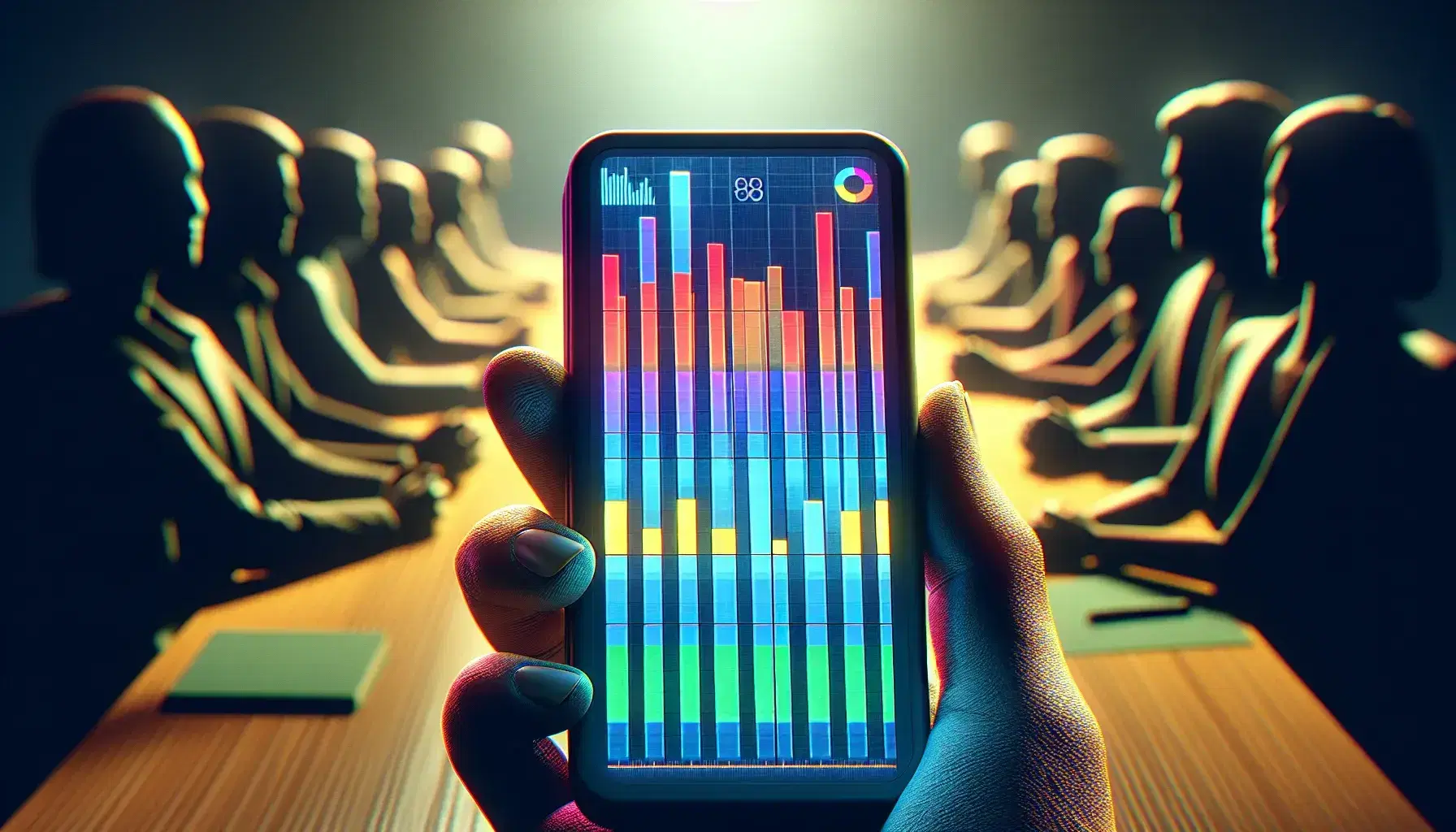 Mano sosteniendo dispositivo con gráfico de barras en pantalla, en reunión con personas desenfocadas al fondo.