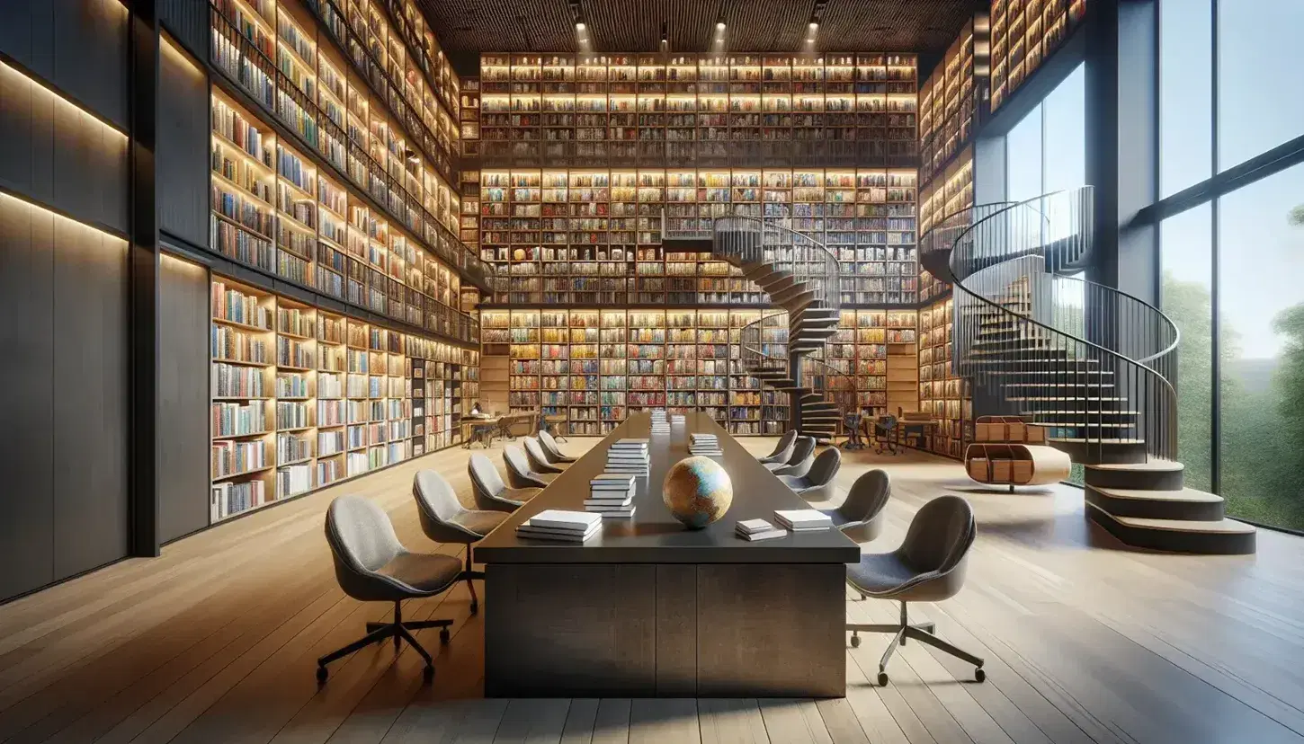 Biblioteca moderna y espaciosa con estanterías de madera llenas de libros, mesa de estudio, sillas ergonómicas y una escalera de caracol.