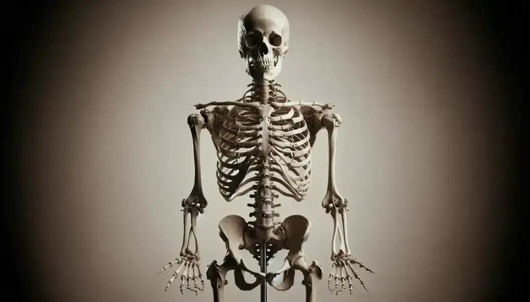 Esqueleto humano completo montado verticalmente en soporte metálico con fondo neutro, mostrando cráneo, columna, costillas, pelvis y extremidades.