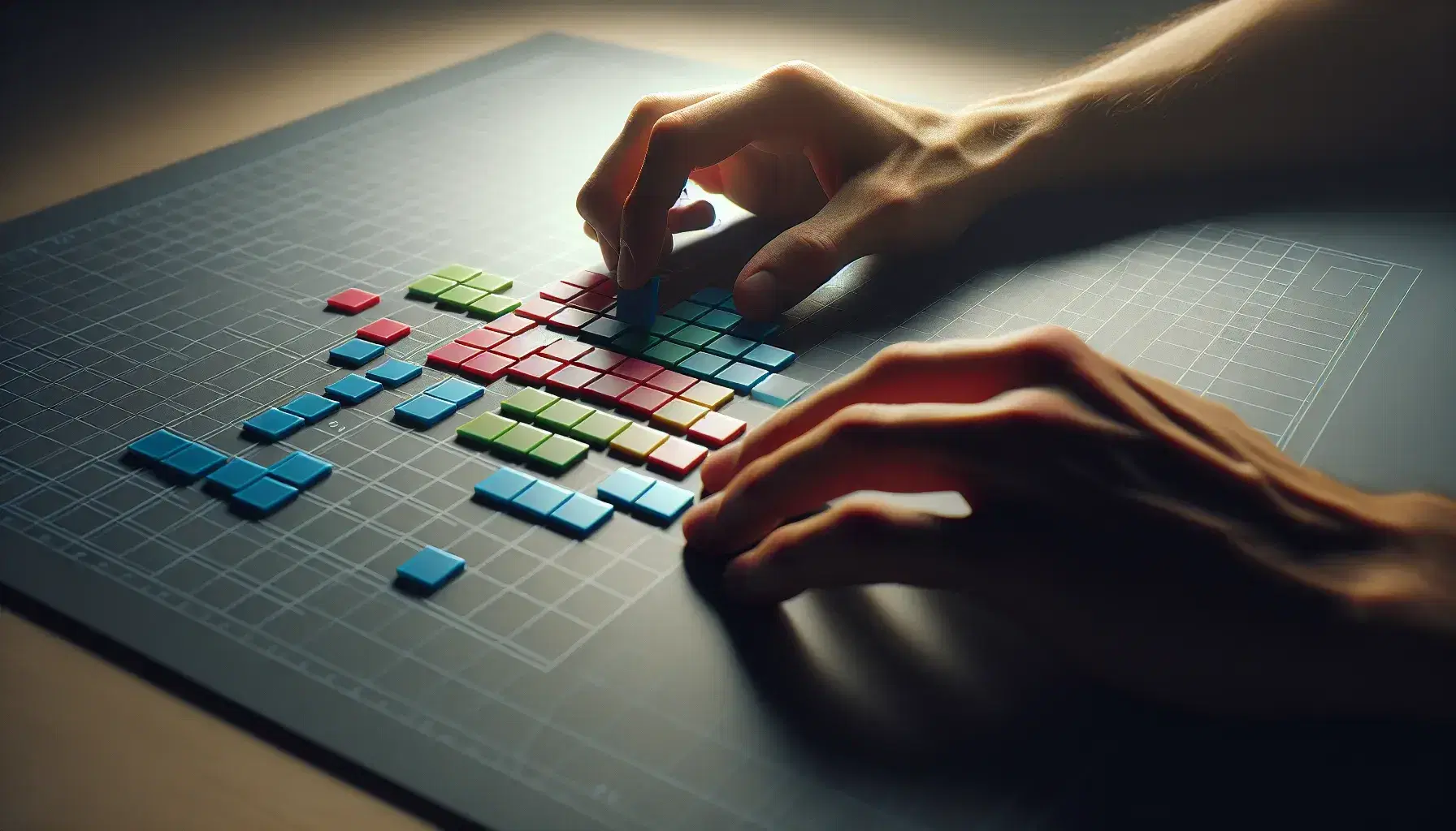 Hands carefully placing colored tiles on a dull gray surface, creating an incomplete mosaic in an uncluttered environment.