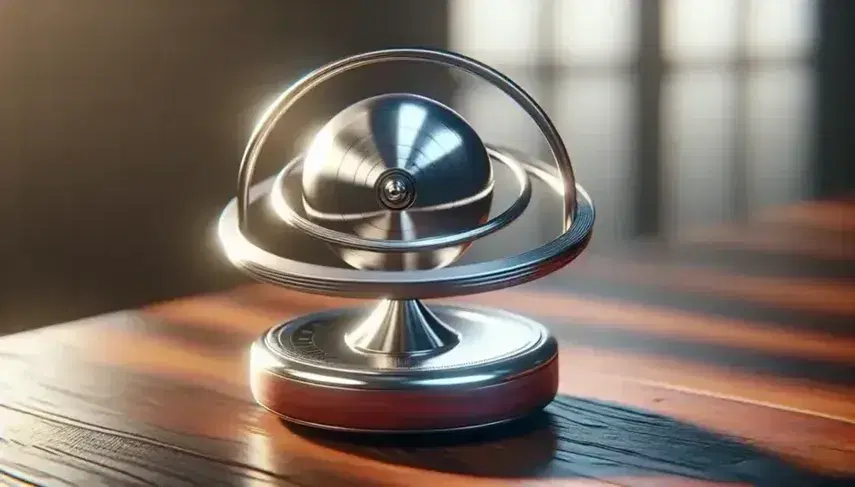 Traditional gyroscope in action on wooden table, with shiny metal wheel and concentric rings, reflecting light and showing gyroscopic stability.