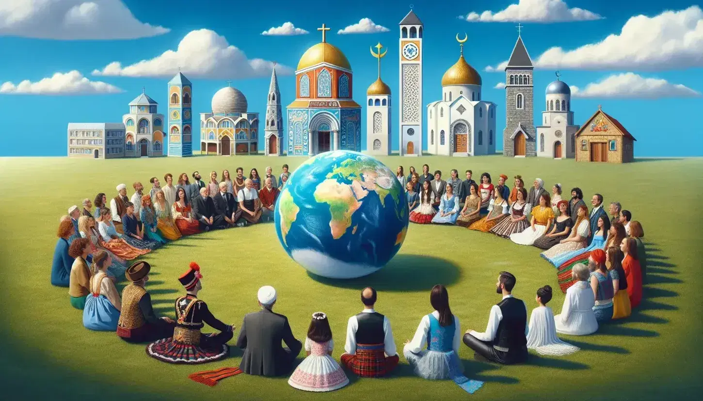 Gruppo multietnico in abiti tradizionali europei siede in cerchio su erba verde attorno a globo colorato, con edifici religiosi sullo sfondo.