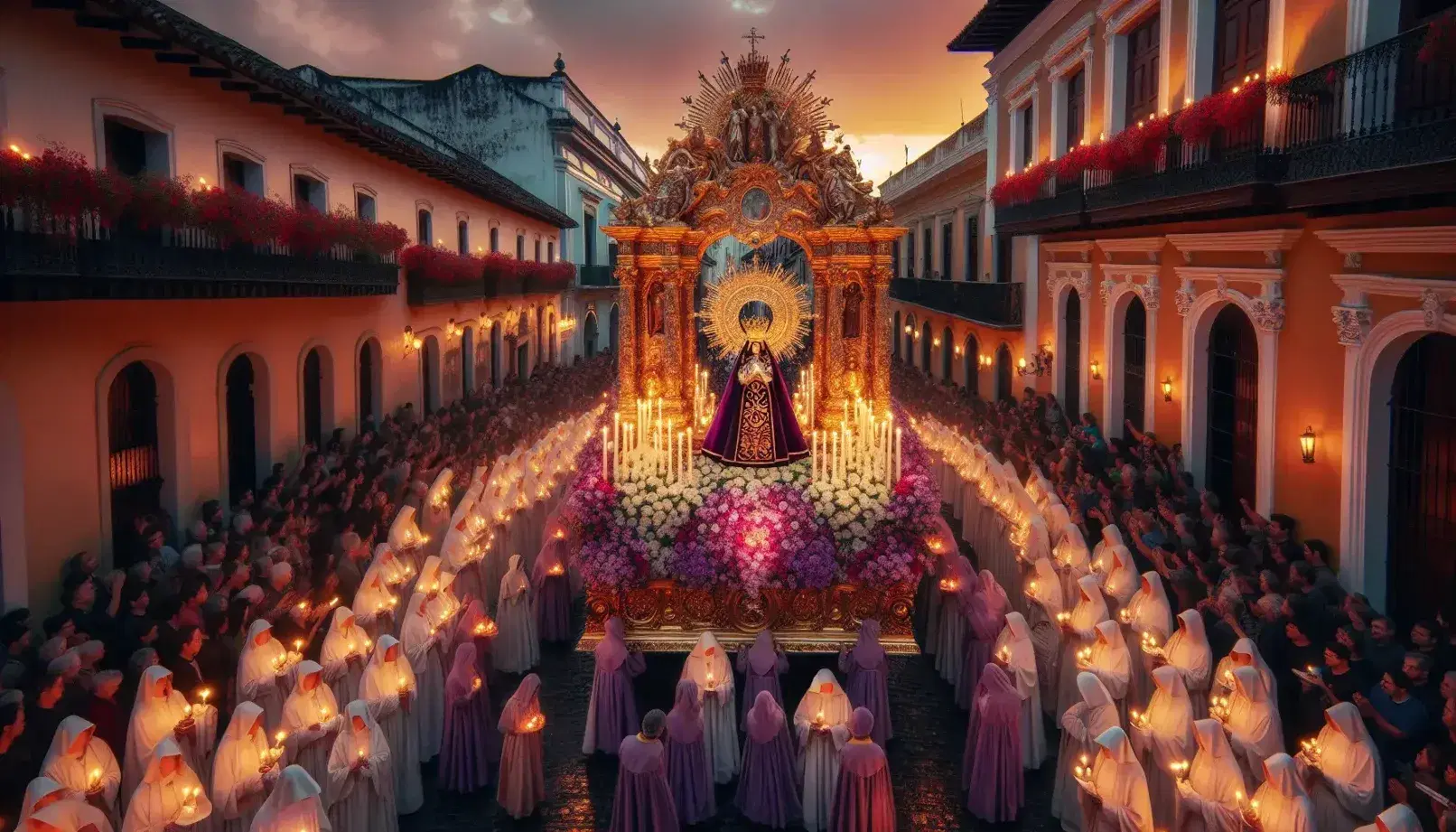 Procesión religiosa al atardecer con figura sagrada en andas florales, fieles en túnicas moradas y blancas con velas, y espectadores en calles empedradas.