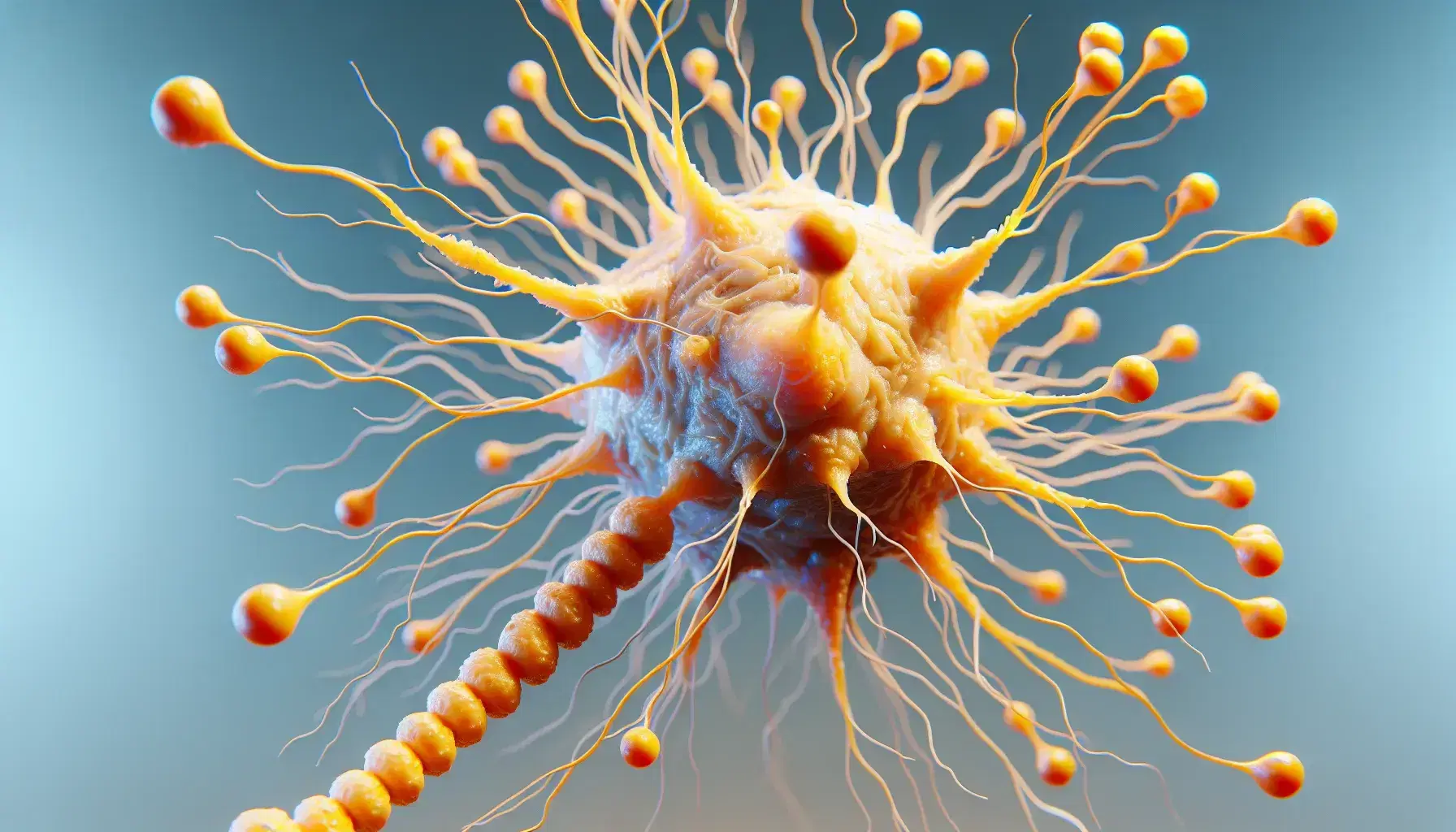 Detailed 3D model of a neuron with a textured yellow soma, branching dendrites with spines, a long axon with nodes of Ranvier, and orange synaptic boutons.