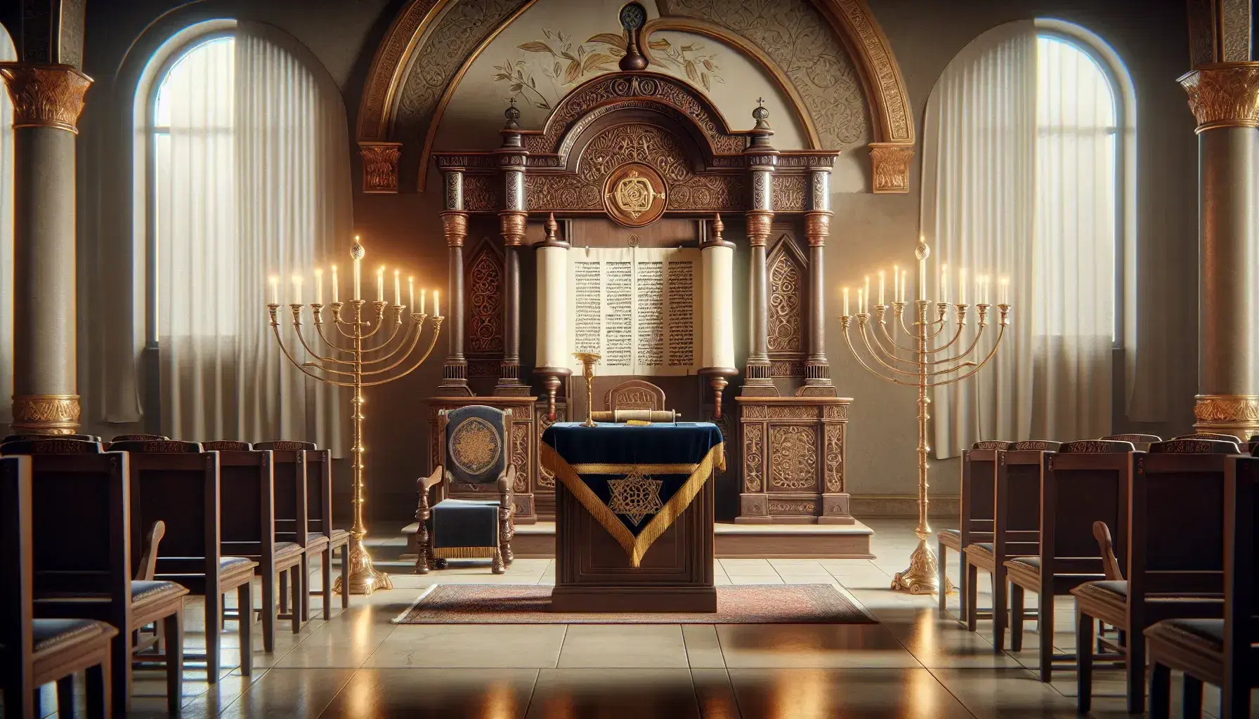 Interno sinagoga con Aron Kodesh chiuso, leggio con rotolo di Torah aperto, Menorah su tavolo e sedie vuote rivolte verso l'Arca.