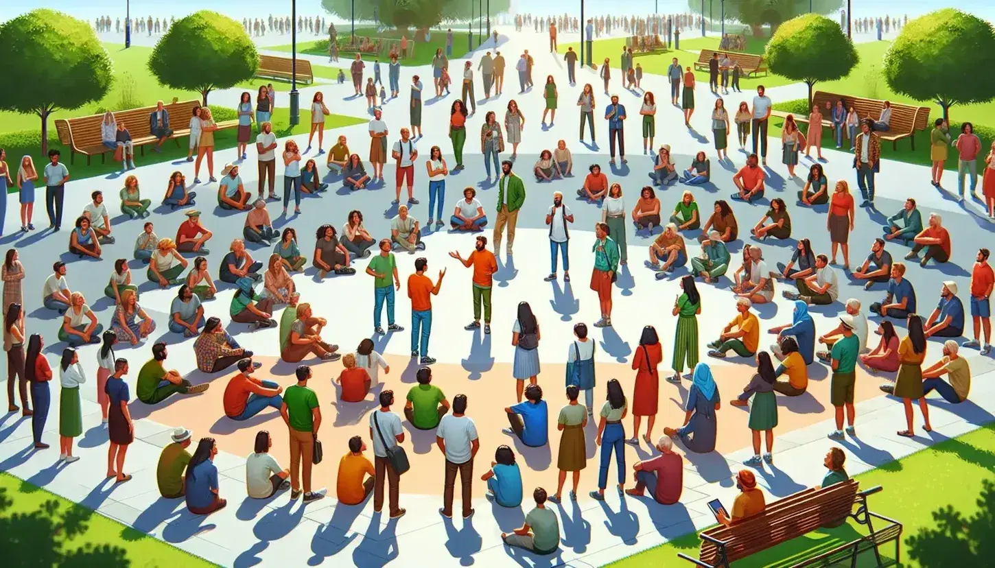 Grupo diverso escuchando atentamente a un orador en un parque soleado, sin tecnología visible, enfatizando la comunicación presencial.