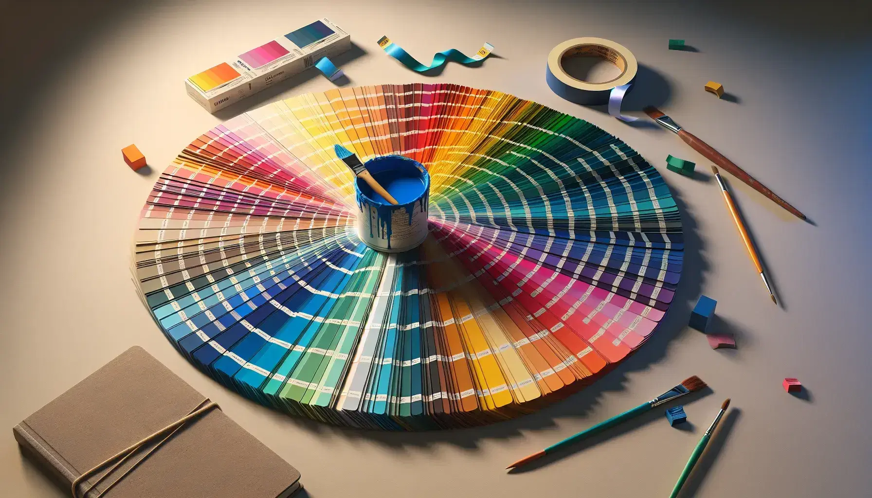 Paleta de colores en abanico con tonos desde rojos a violetas, pincel con pintura azul y bote abierto sobre superficie neutra en espacio de trabajo artístico.