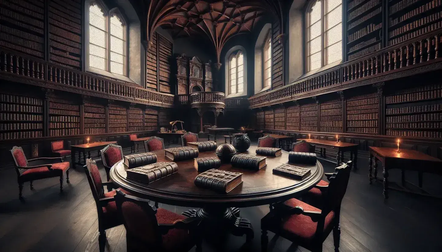 Sala lettura antica con tavolo ovale, sedie imbottite rosse, volumi in pelle, finestre ad arco, scaffali di libri e mappamondo.