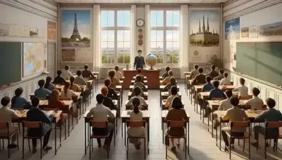 Diverse students seated in a French classroom with educational posters, a teacher explaining a concept, and a globe highlighting France.
