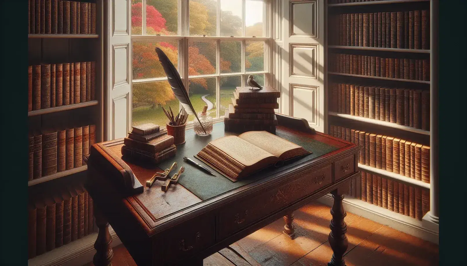 Quaint New England study with a mahogany desk, open book, quill pen, leather armchair, and autumnal foliage view through a bay window.