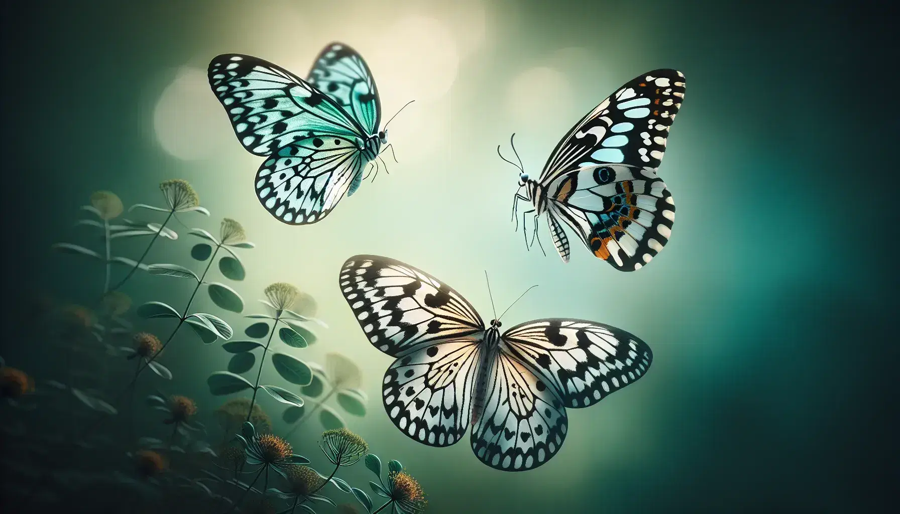 Three butterflies in flight with a blurred green background, showcasing patterns of black, white, orange, vibrant blue, and pale yellow on their wings.