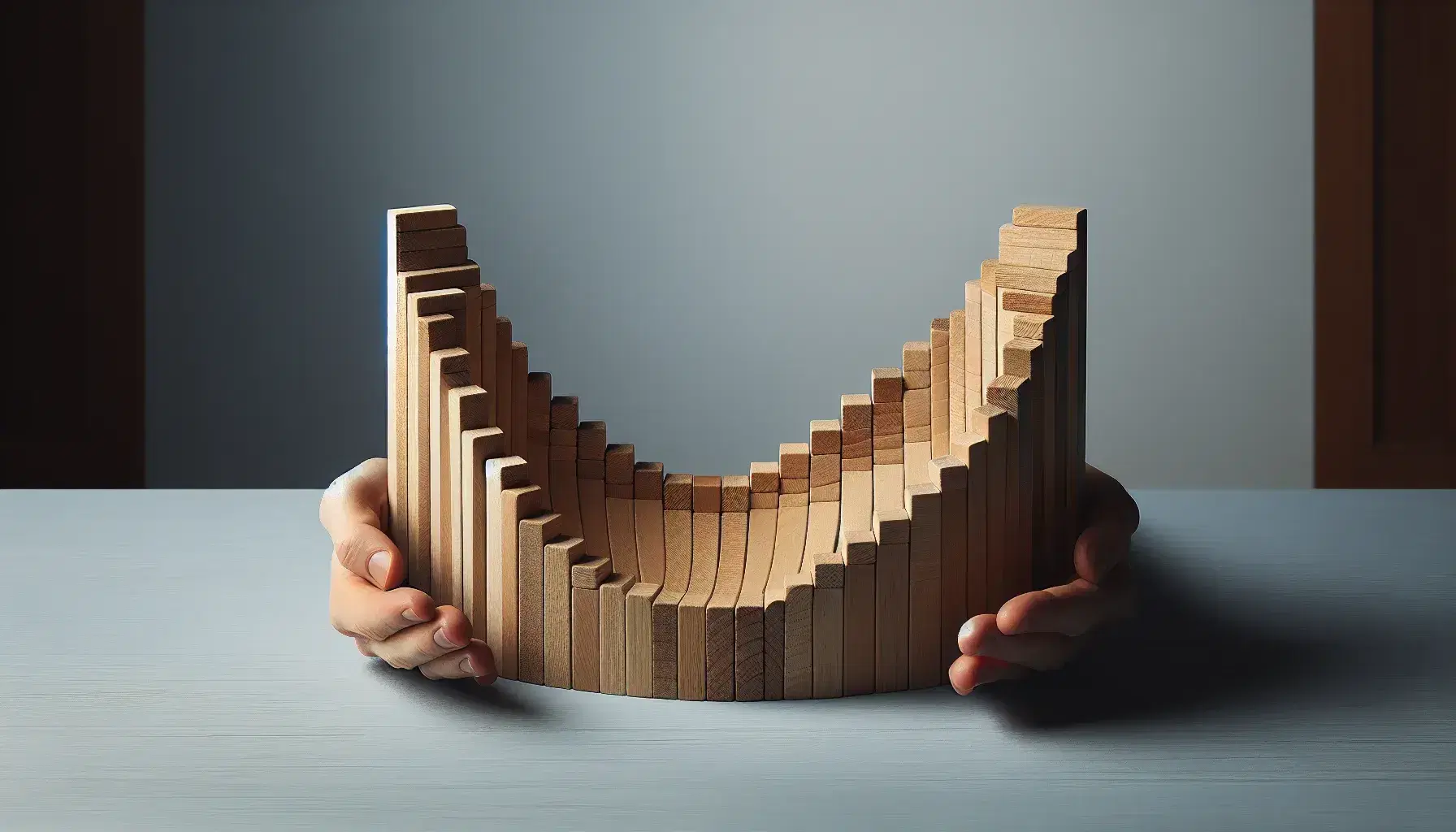 Hands arranging wooden blocks in a symmetrical curve on a light gray surface, showcasing natural wood grain and soft shadows.
