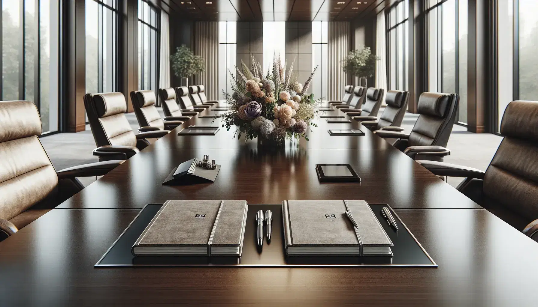 Sala de juntas espaciosa con mesa rectangular de madera, sillas ergonómicas, tablets, libretas, bolígrafos plateados y arreglo floral central.