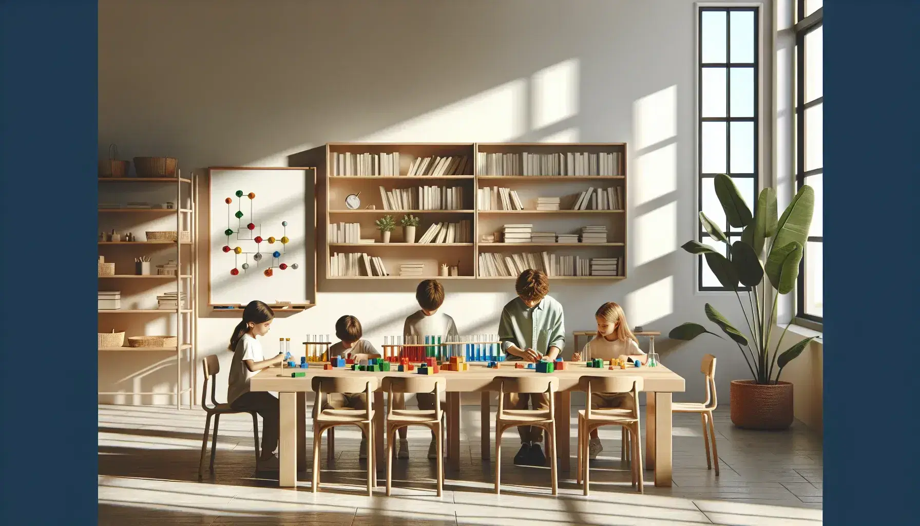 Aula iluminada con luz natural donde cuatro estudiantes de diversas edades y etnias colaboran con bloques de construcción, figuras geométricas y tubos de ensayo en una mesa de madera.