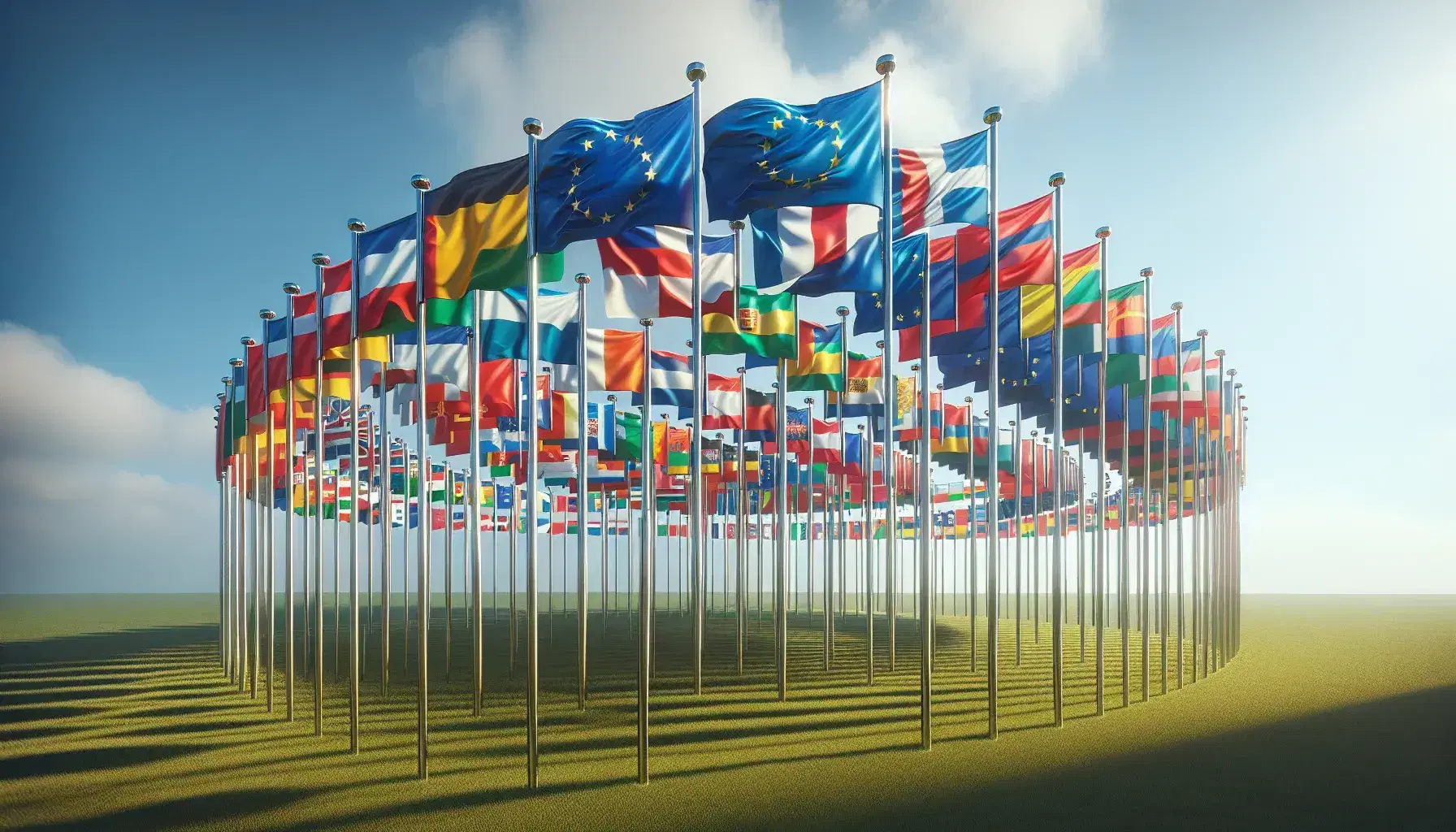 Bandiere nazionali dell'Unione Europea sventolano al vento in semicerchio su prato verde sotto cielo azzurro.