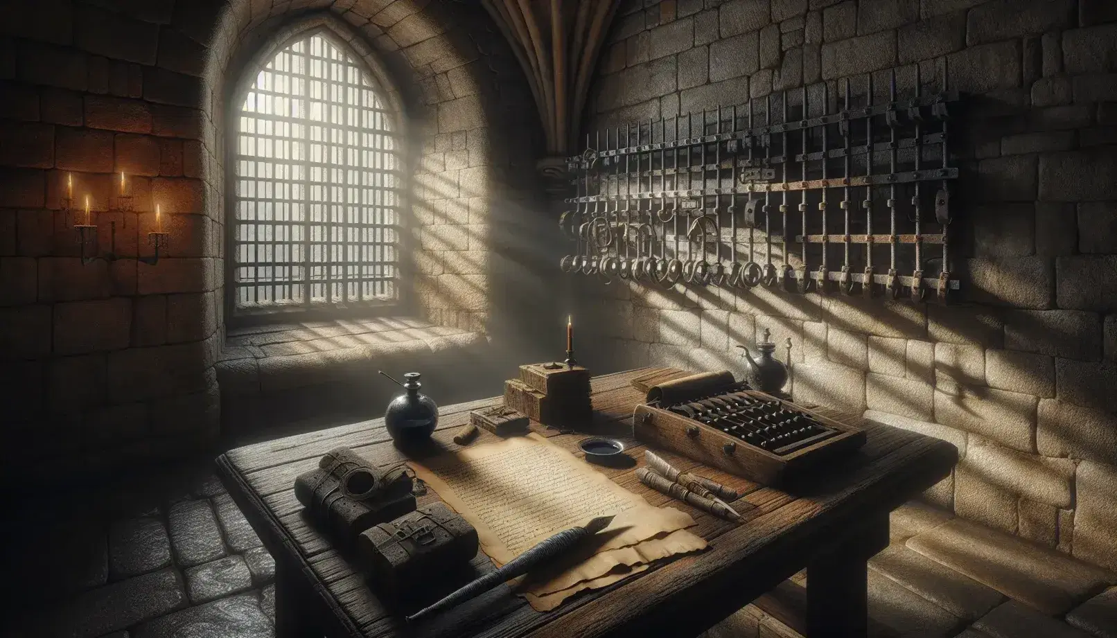 Dimly lit medieval dungeon with a heavy wooden table holding quills and inkwells, blank parchments, and rusted shackles on the wall.
