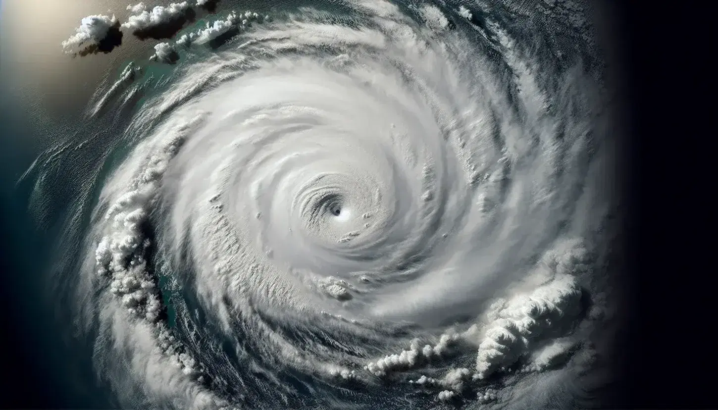 Satellite view of a tropical cyclone with well-defined eye and spiraling cumulonimbus clouds in deep blue ocean waters.