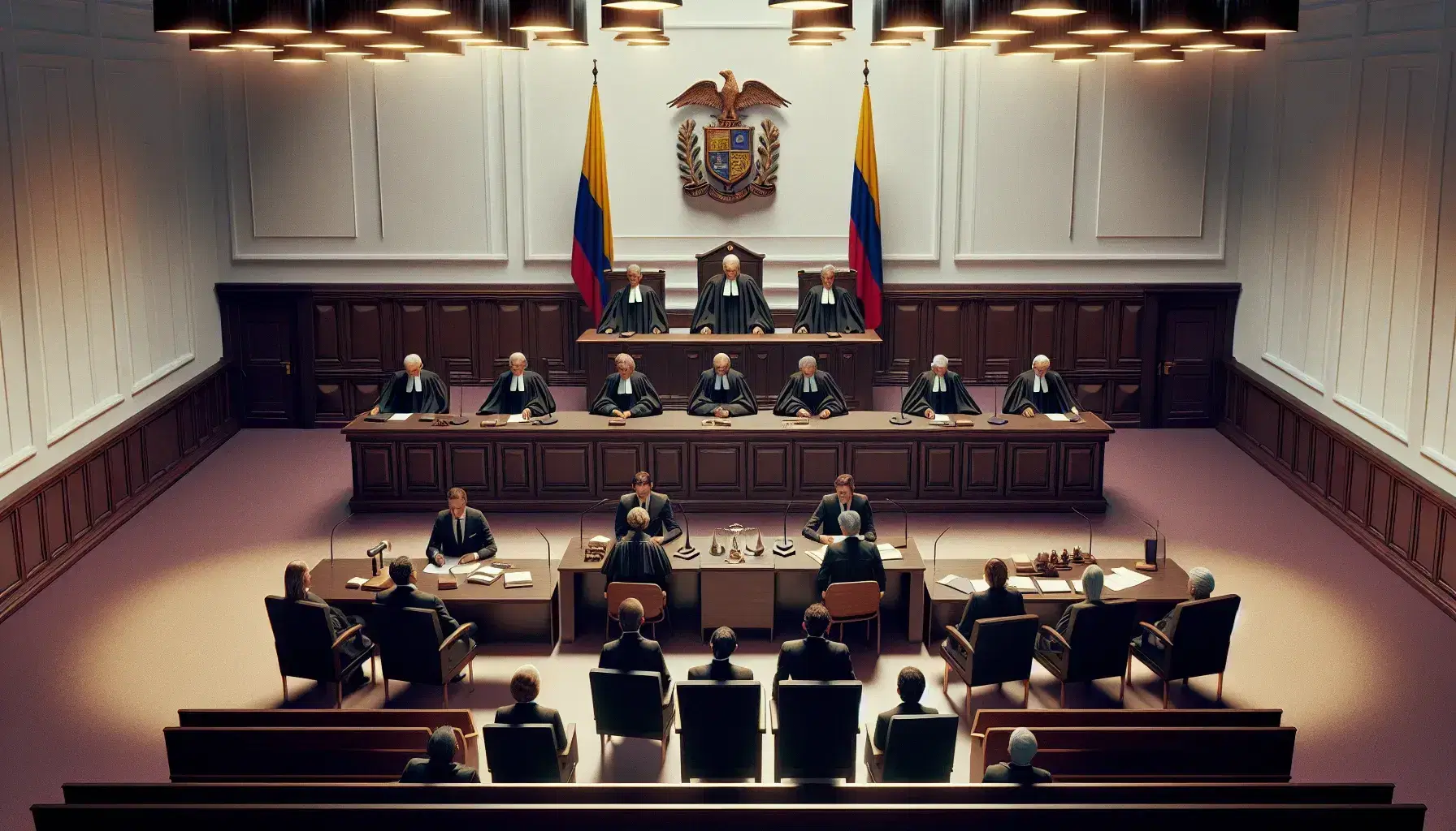 Sala de audiencias con jueces en togas negras sentados tras mesa central, abogado y cliente frente a ellos, público en bancas y bandera colombiana al fondo.