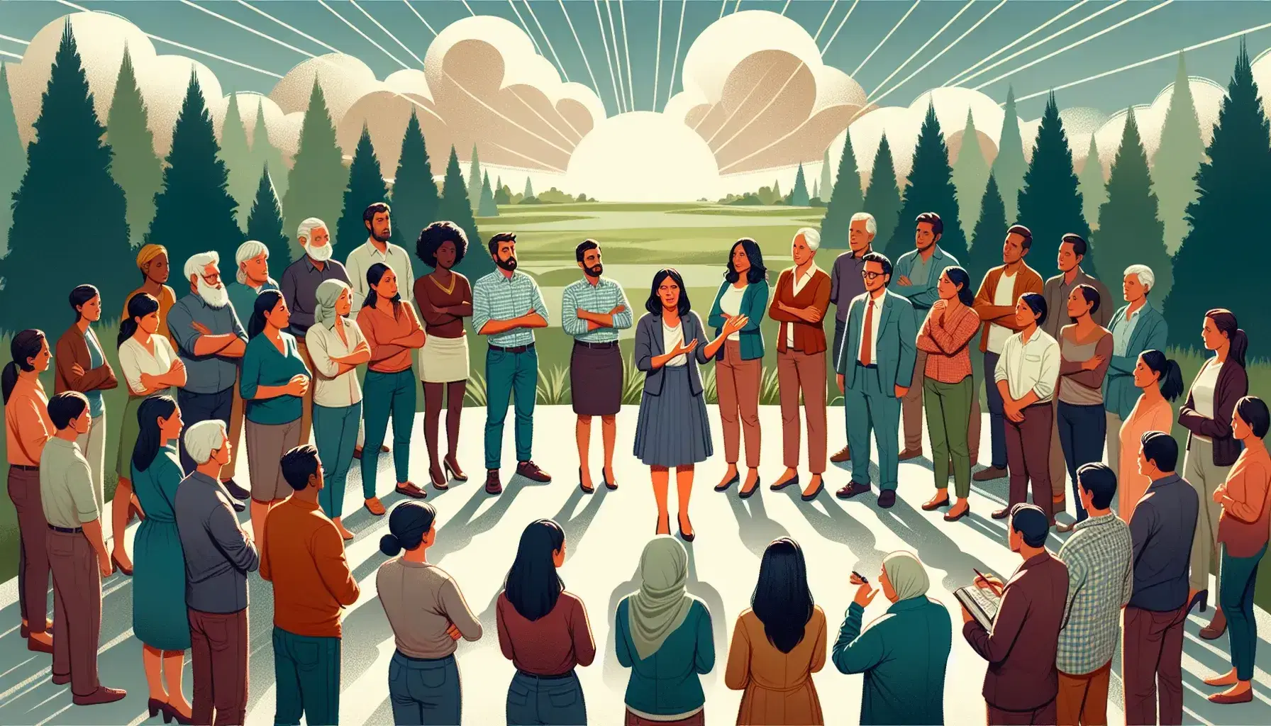 Grupo diverso en reunión al aire libre con mujer hispana liderando el diálogo, rodeados de árboles y bajo un cielo parcialmente nublado.