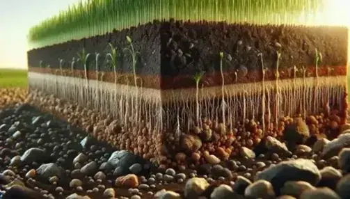 Sección transversal de suelo en campo agrícola mostrando capa superior oscura con raíces, subsuelo granulado y base de piedras, bajo luz solar.