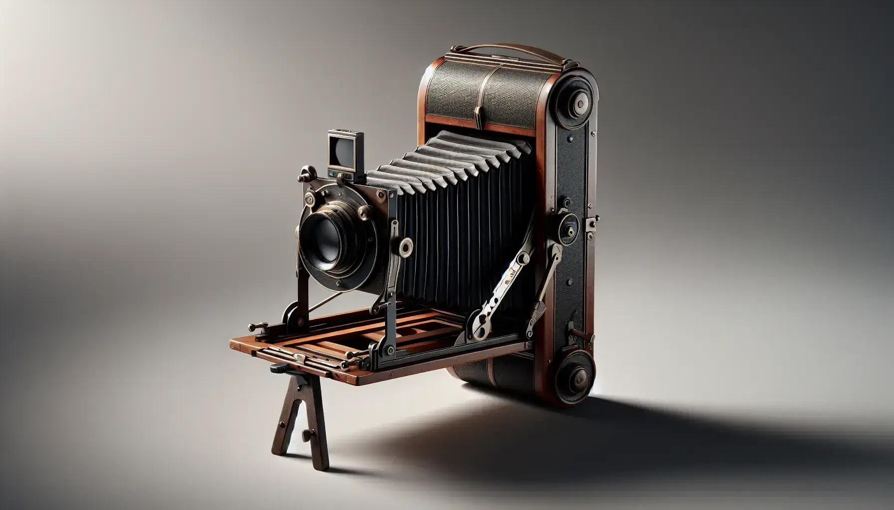 Cámara antigua de fuelle sobre fondo neutro con trípode de madera, destacando su diseño vintage y detalles en madera oscura y metal bronceado.
