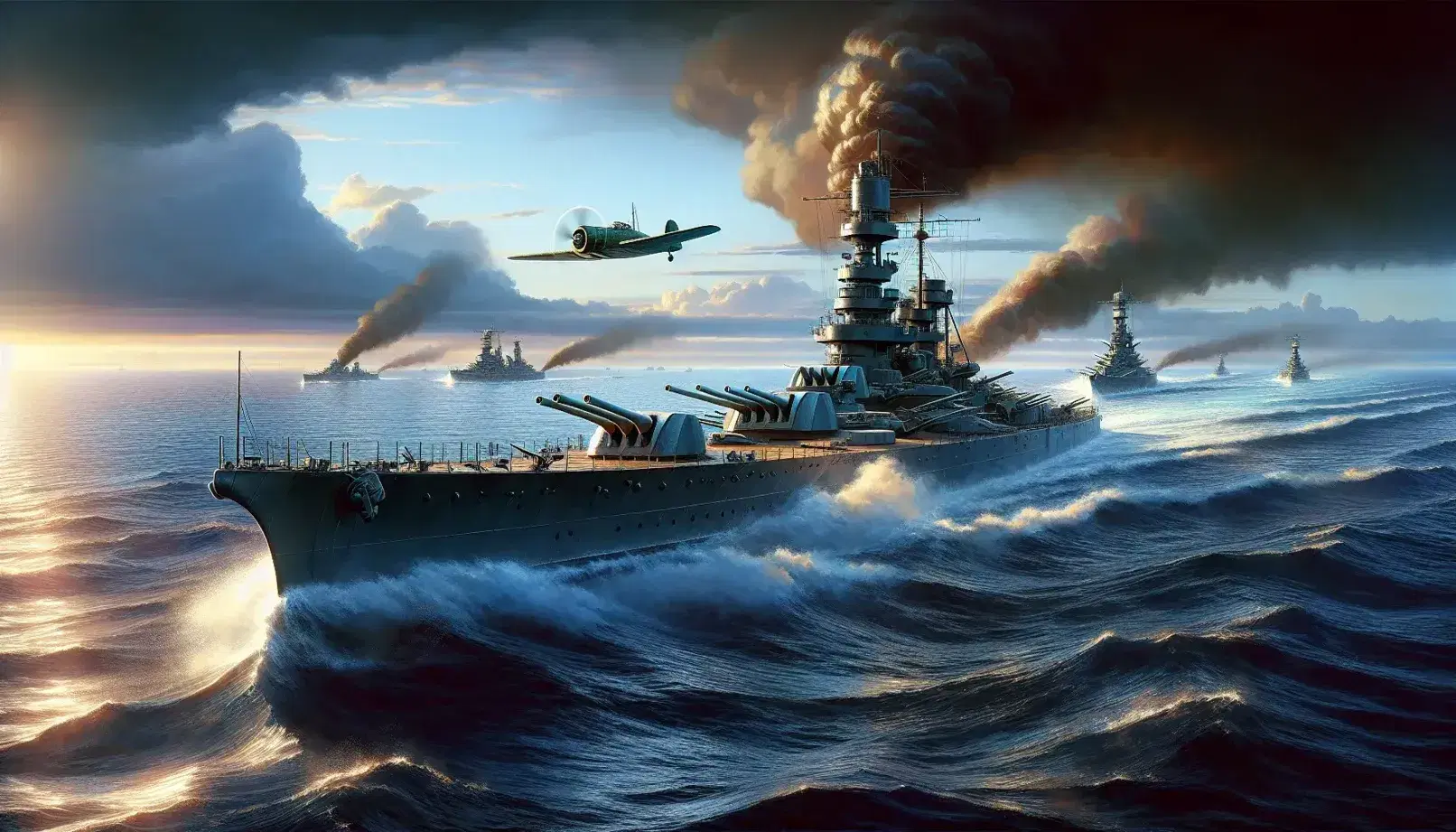 Battleship with gun turrets sails the Pacific, smoke billows from a distant ship, fighter plane flies overhead against a cloudy sky.