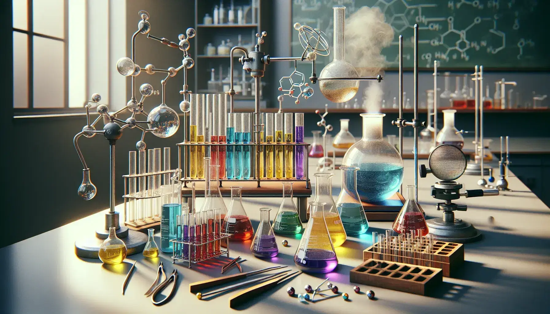 Laboratorio di chimica con becher di vetro e liquidi colorati, provette arcobaleno, bruciatore Bunsen acceso e attrezzature varie su sfondo illuminato.