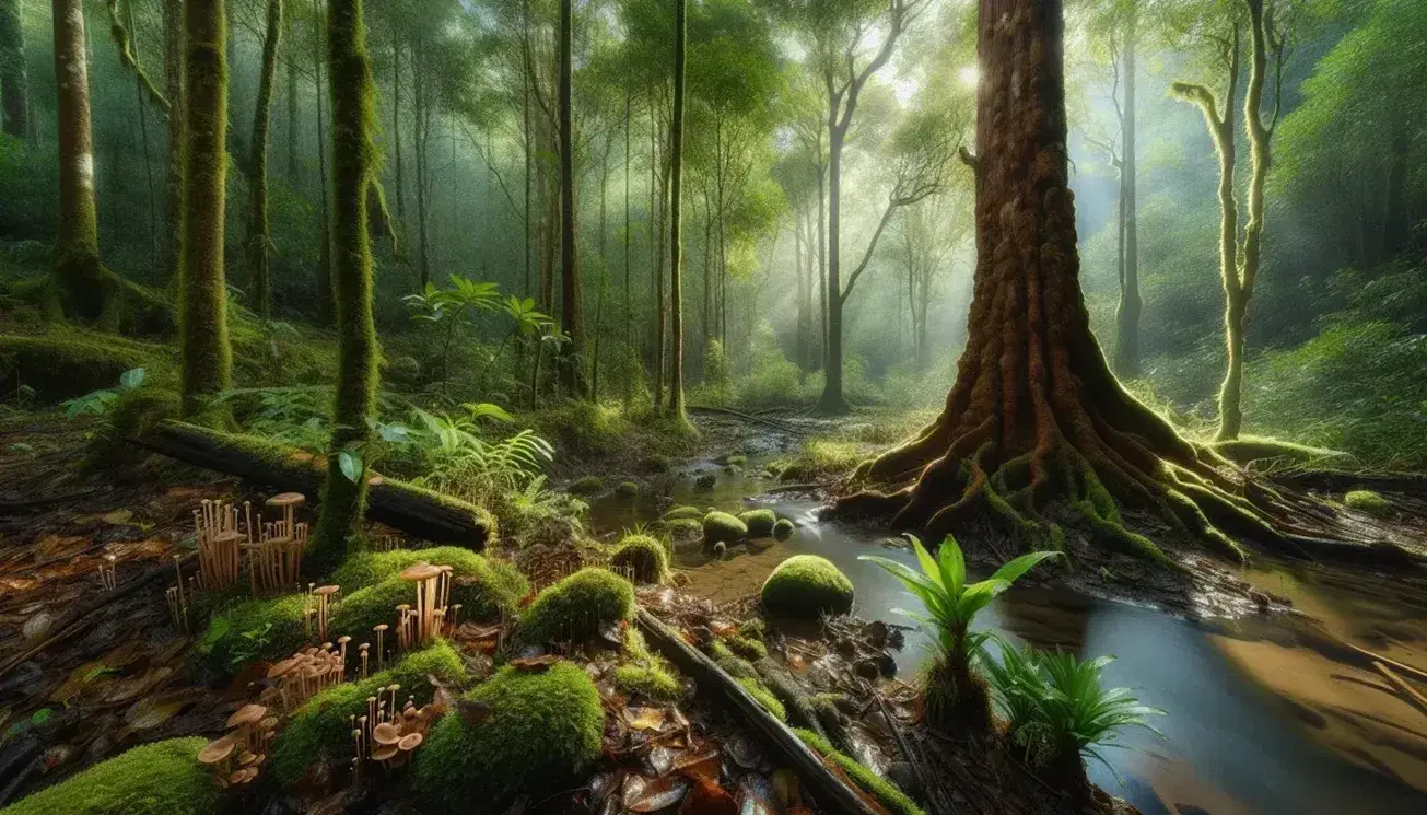 Bosque con árbol robusto, follaje denso y suelo cubierto de hojas secas, musgo y hongos, arroyo serpenteante y aves en arbusto.