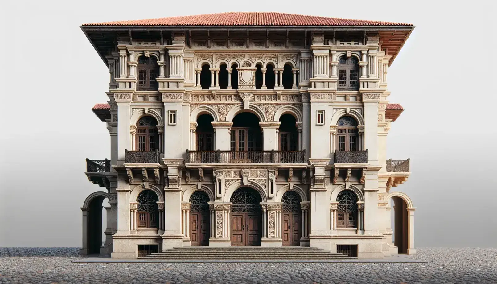 Edificio colonial con arcos en planta baja, balcones de madera tallada en segundo piso y techo de tejas rojas, rodeado de bancos y árboles bajo cielo azul.