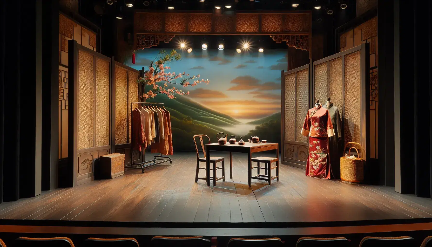 Traditional Asian theater stage with serene landscape backdrop, ornate screen, wooden chair, teapot, cups, and a red embroidered Cheongsam on a tailor's dummy.