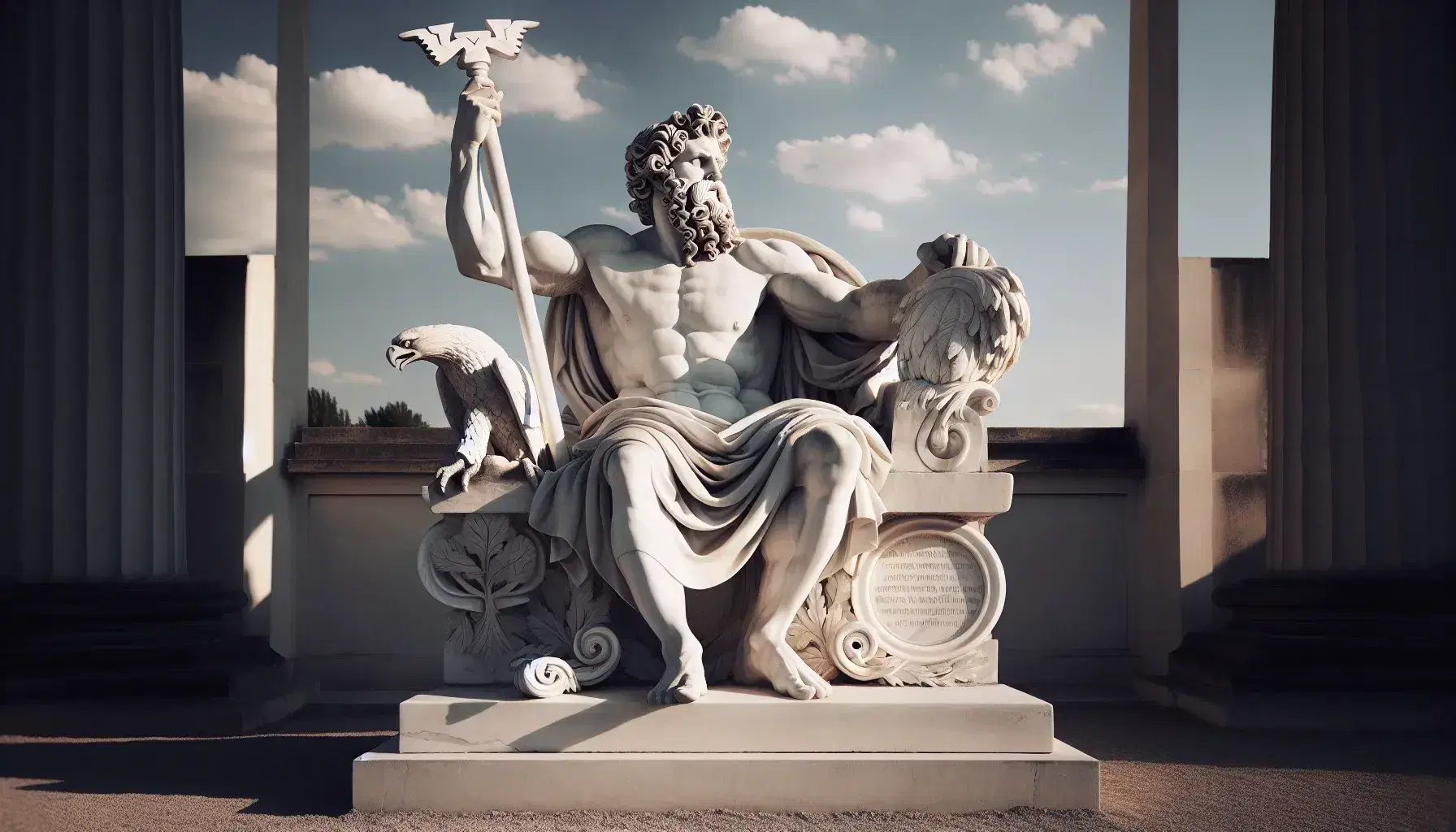 Escultura de mármol blanco de hombre musculoso con barba y cabello rizado, sosteniendo un rayo y un cetro con águila, sentado en trono ornamentado, bajo cielo azul.
