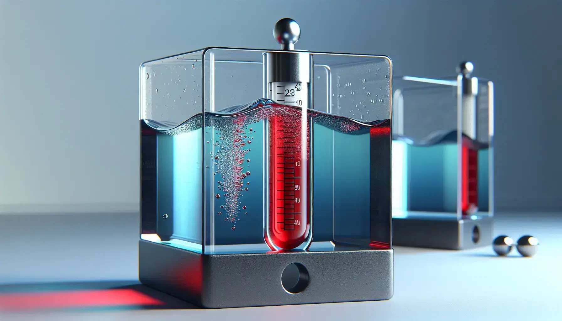 Manómetro en U con líquido rojo mostrando diferencia de presión, base negra, objeto metálico en agua generando ondas, fondo gris neutro.