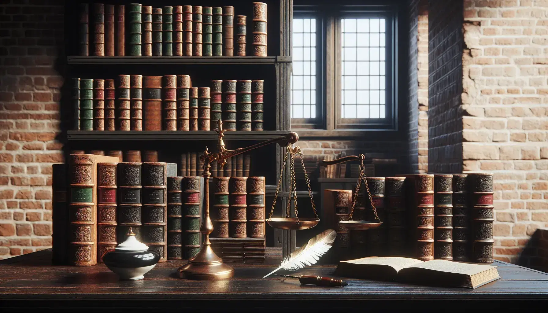 Biblioteca clásica con estanterías de madera oscura llenas de libros encuadernados en cuero, balanza de justicia de bronce equilibrada, pluma y tintero sobre mesa, con luz natural y pared de ladrillo al fondo.