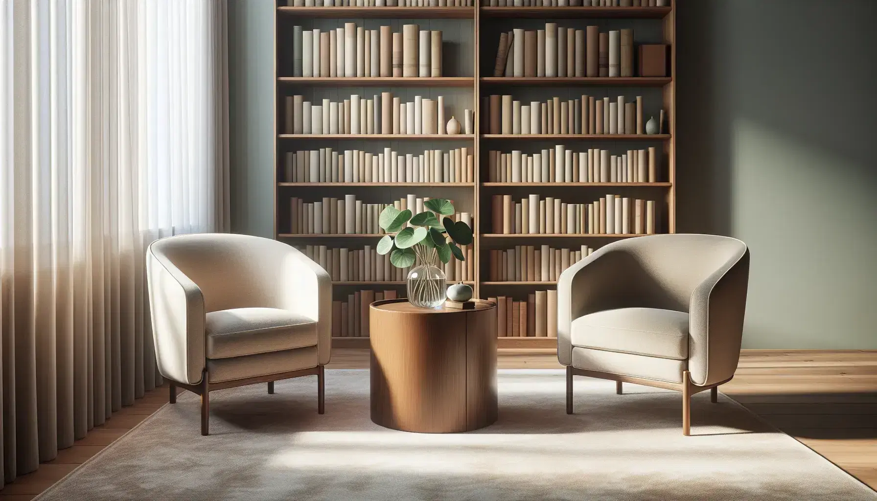 Quiet therapy room with two beige armchairs, round coffee table with vase and plants, tidy bookcase and natural light from the window with white curtains.