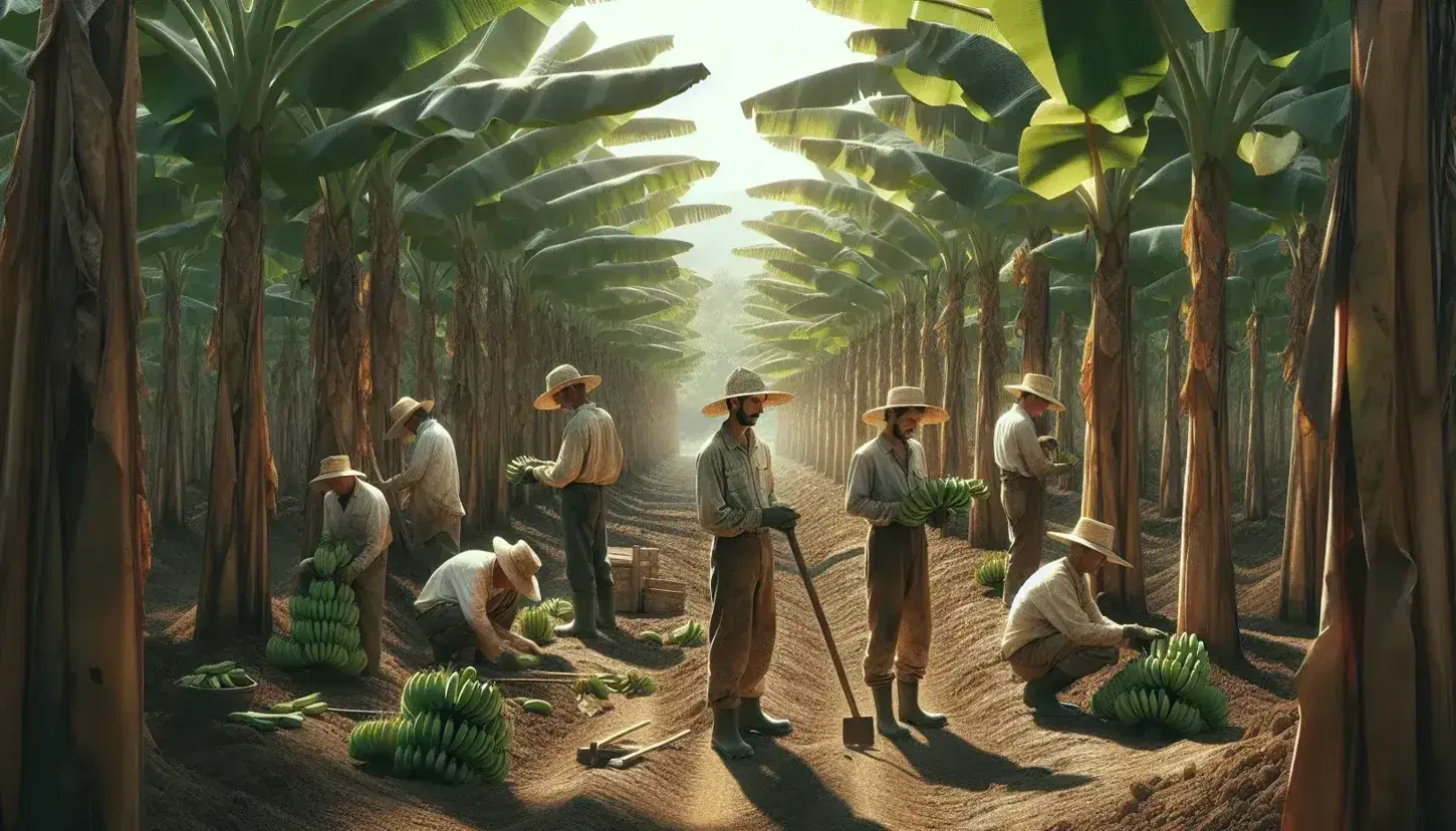 Trabajadores en plantación de banano con sombreros y ropa de trabajo entre plantas altas y racimos de bananas verdes, bajo luz solar filtrada.