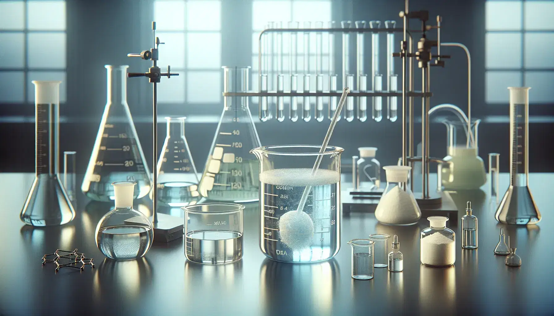 Laboratory with beaker containing slightly blue transparent liquid, glass rod, container with white powder and burner turned off.
