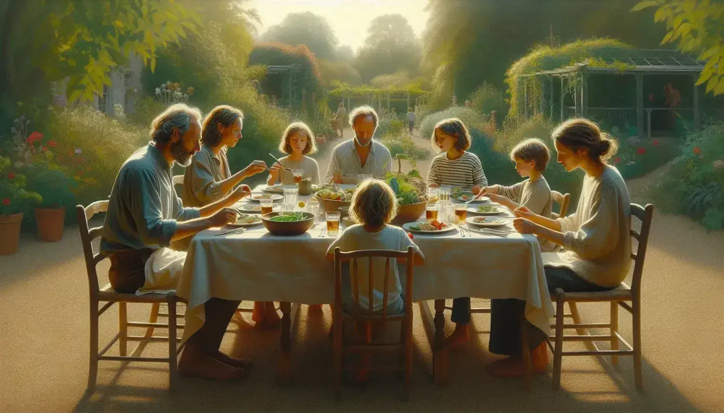 Familia disfrutando de una comida al aire libre en un día soleado, rodeados de vegetación, con platos y bebidas sobre una mesa de madera.