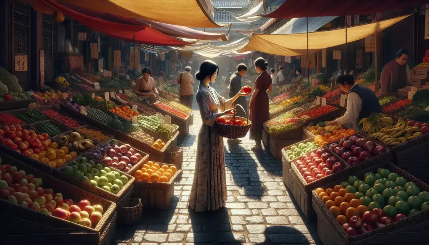 Asian woman shopping for fresh produce in a lively market, selecting a tomato with a basket of fruits, under sunny skies with colorful stall awnings.