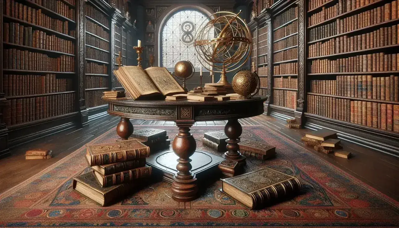 Biblioteca renacentista con mesa de madera, libros antiguos ilustrados, esfera armilar dorada, estantes repletos y ventana iluminando la estancia.