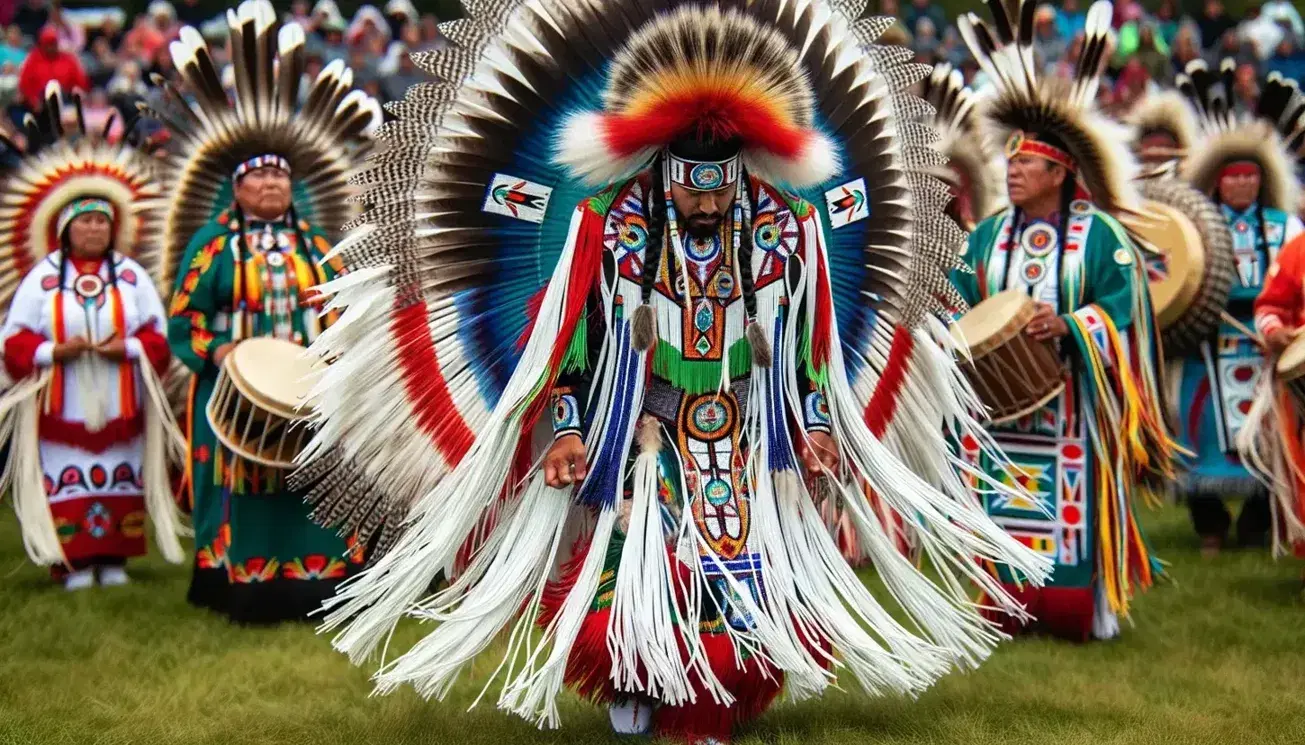 Cree dancers in traditional regalia with beadwork and feathered headdresses perform a cultural dance on a sunny field against a backdrop of trees.
